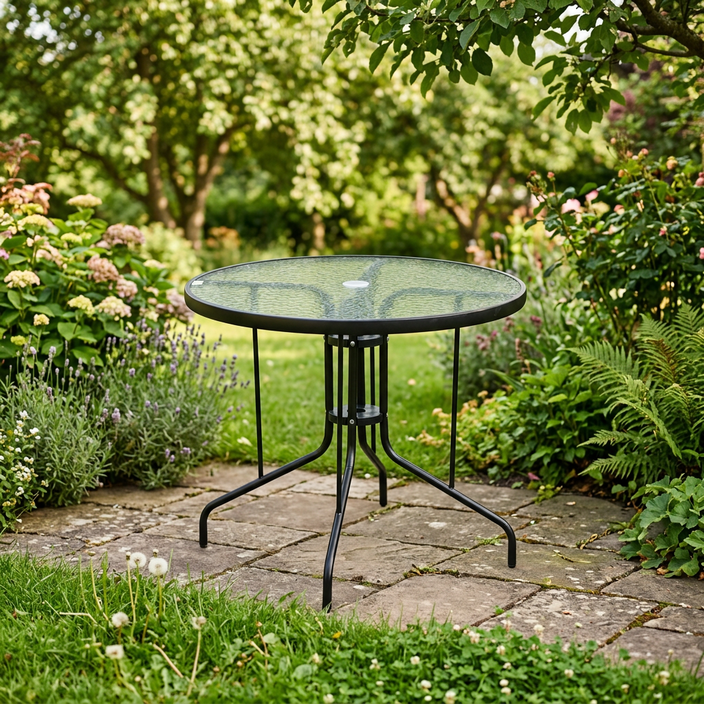 80cm Round Tempered Glass Patio Table with Umbrella Hole