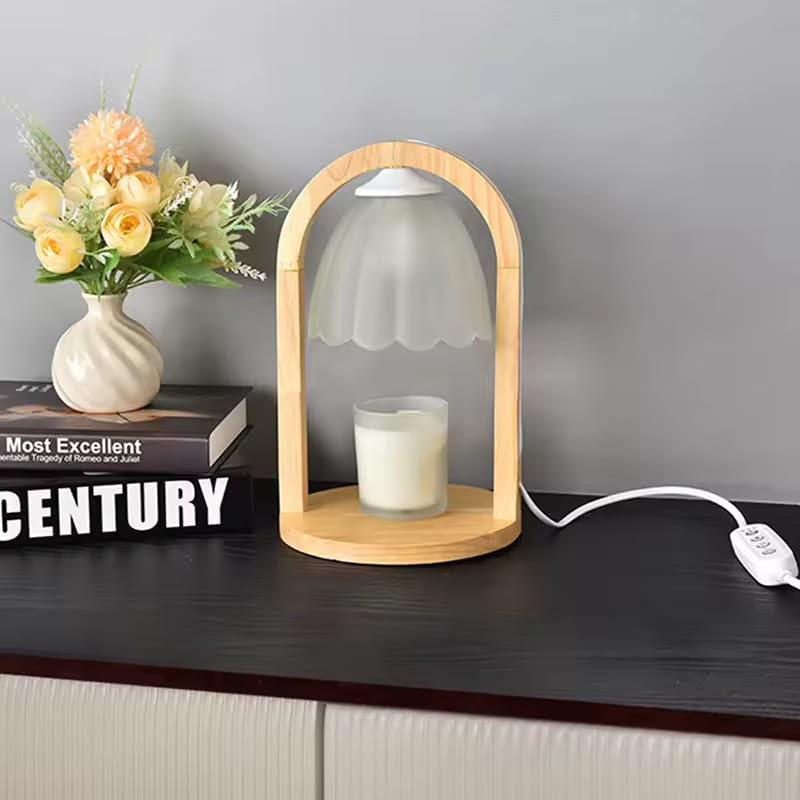 Arched Wooden Candle Warmer Lamp with Frosted Glass Shade