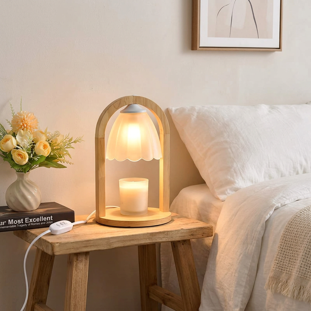Arched Wooden Candle Warmer Lamp with Frosted Glass Shade