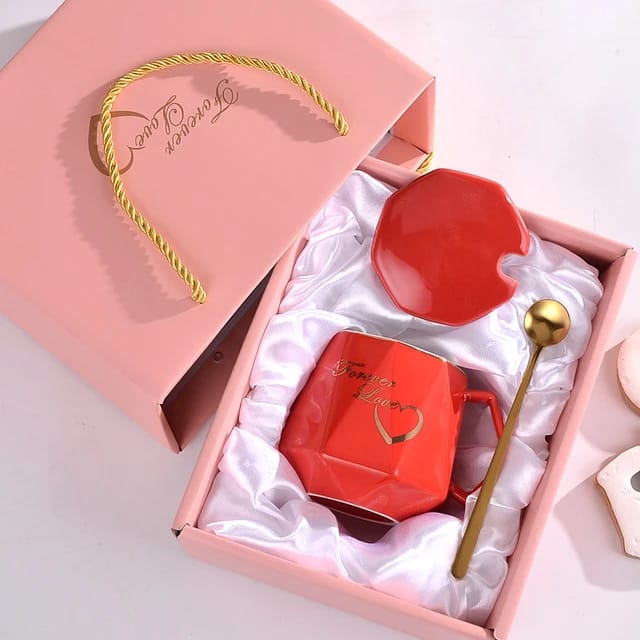 Diamond Shape Ceramic Cup Set Gift Box – Cup with Spoon and Lid