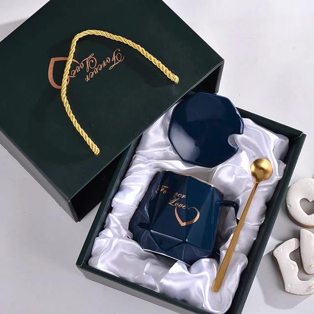 Diamond Shape Ceramic Cup Set Gift Box – Cup with Spoon and Lid