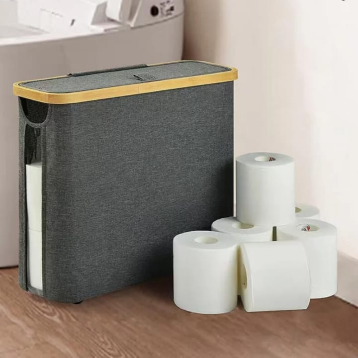 Oxford cloth toilet paper basket with bamboo lid holding 12 rolls