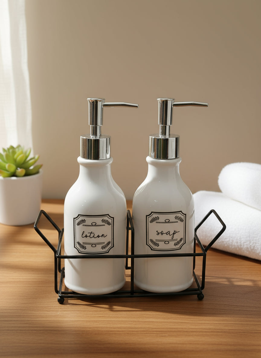 2-piece 500ml soap and lotion dispenser set with sleek stand.