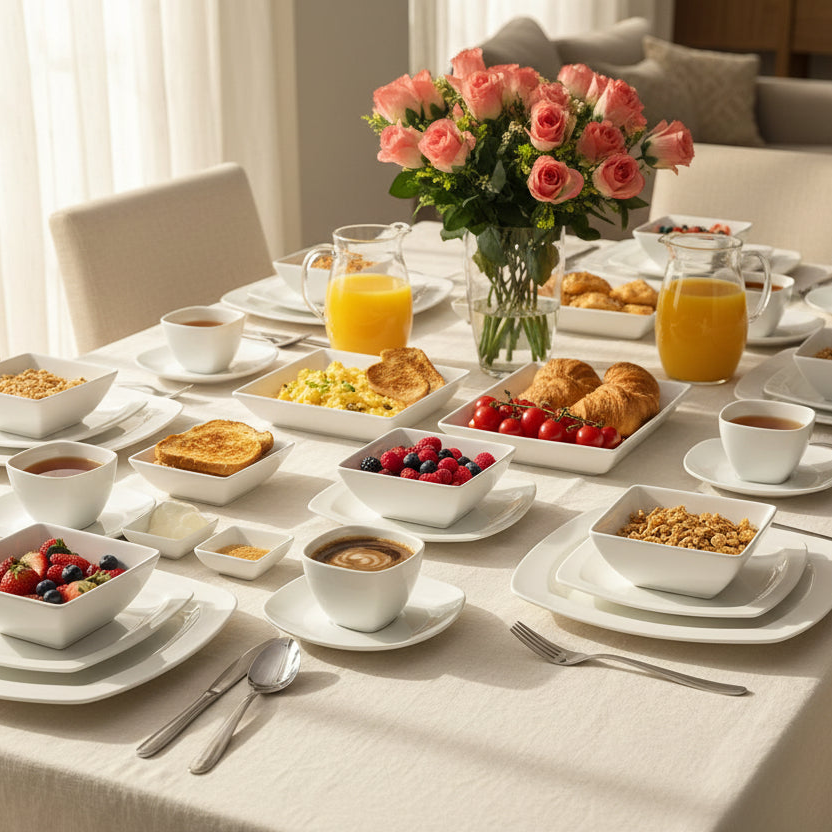 36 piece unique dinner set with cups, bowls, plates, and butter pans