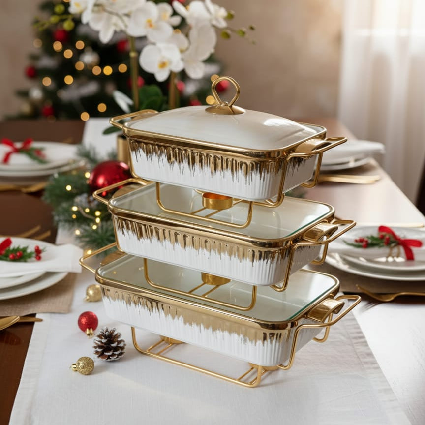 3 Piece Ceramic Chaffing Dish Set with Gold Details