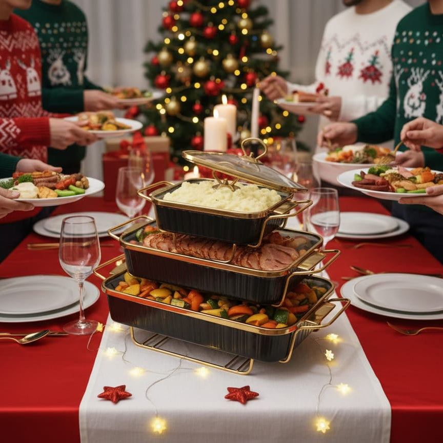 3 Piece Ceramic Chaffing Dish Set with Gold Details