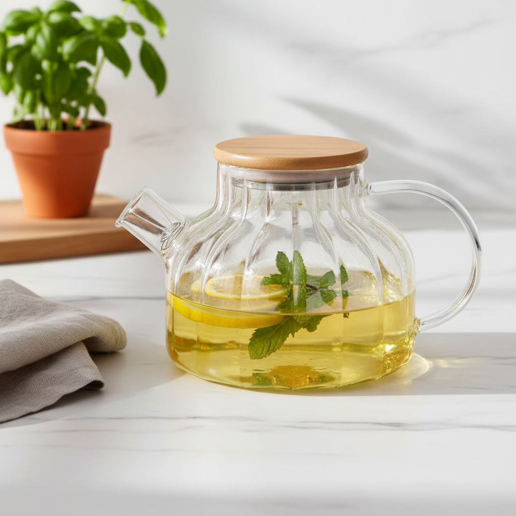Ribbed Borosilicate Glass Teapot with Bamboo Lid