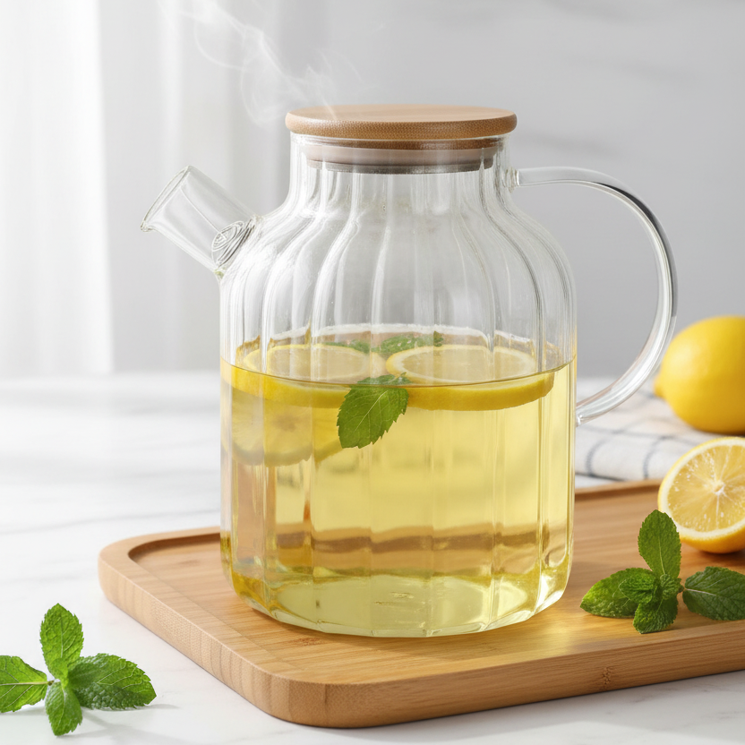 Ribbed Borosilicate Glass Teapot with Bamboo Lid