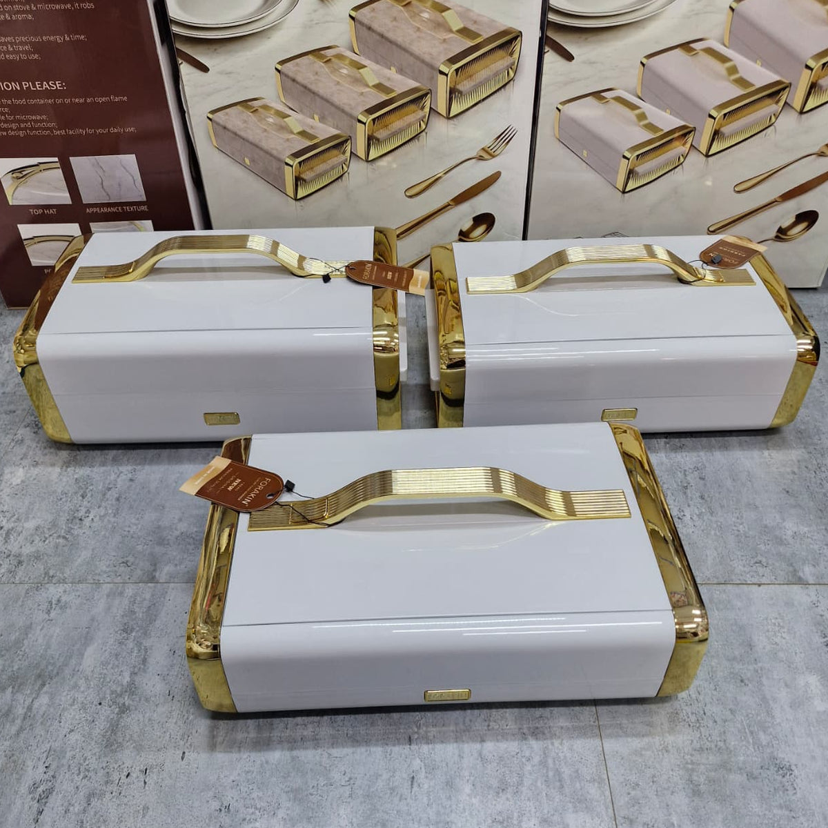 3 Piece Insulated Stainless Steel Food Warmer Set with Gold handles