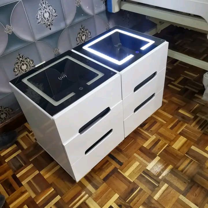 White Gloss Bedside Table with LED Glass Top and Wireless Charging