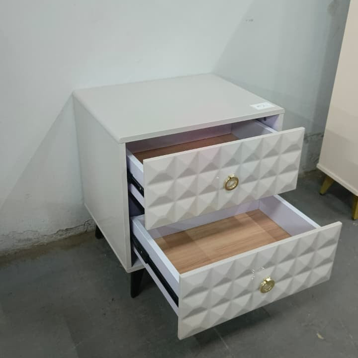 White Bedside Table with Two Drawers Geometric Front and Metal Legs