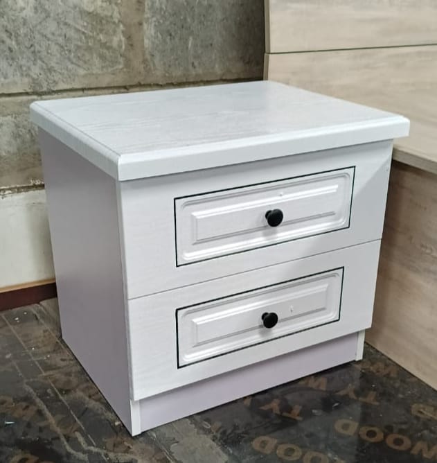 White Wooden Bedside Table with Two Drawers and Black Knobs 50x45x35cm