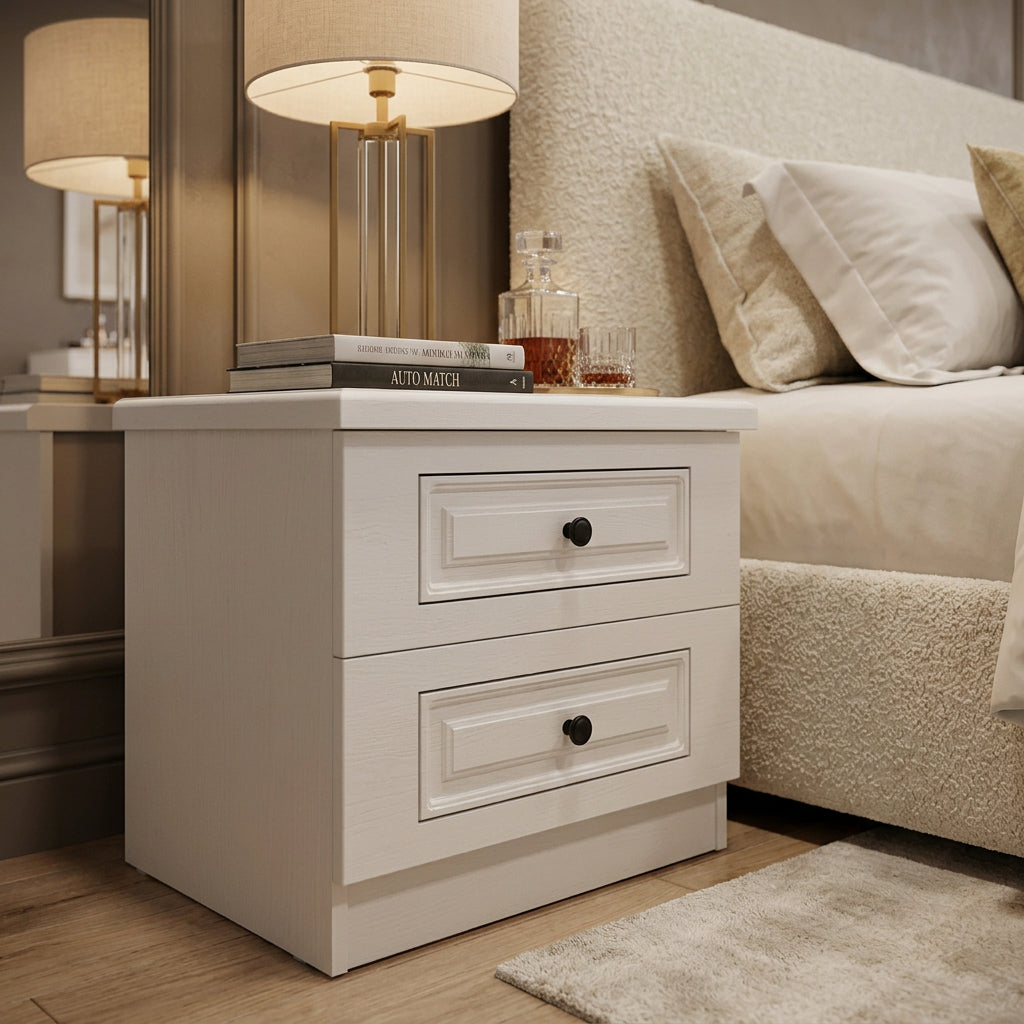 White Wooden Bedside Table with Two Drawers and Black Knobs 50x45x35cm