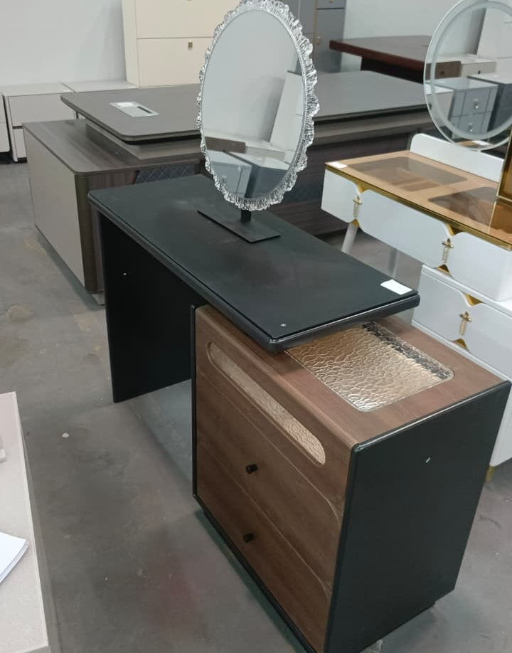 Walnut and Black Dressing Table with Round LED Mirror and Glass Inlay