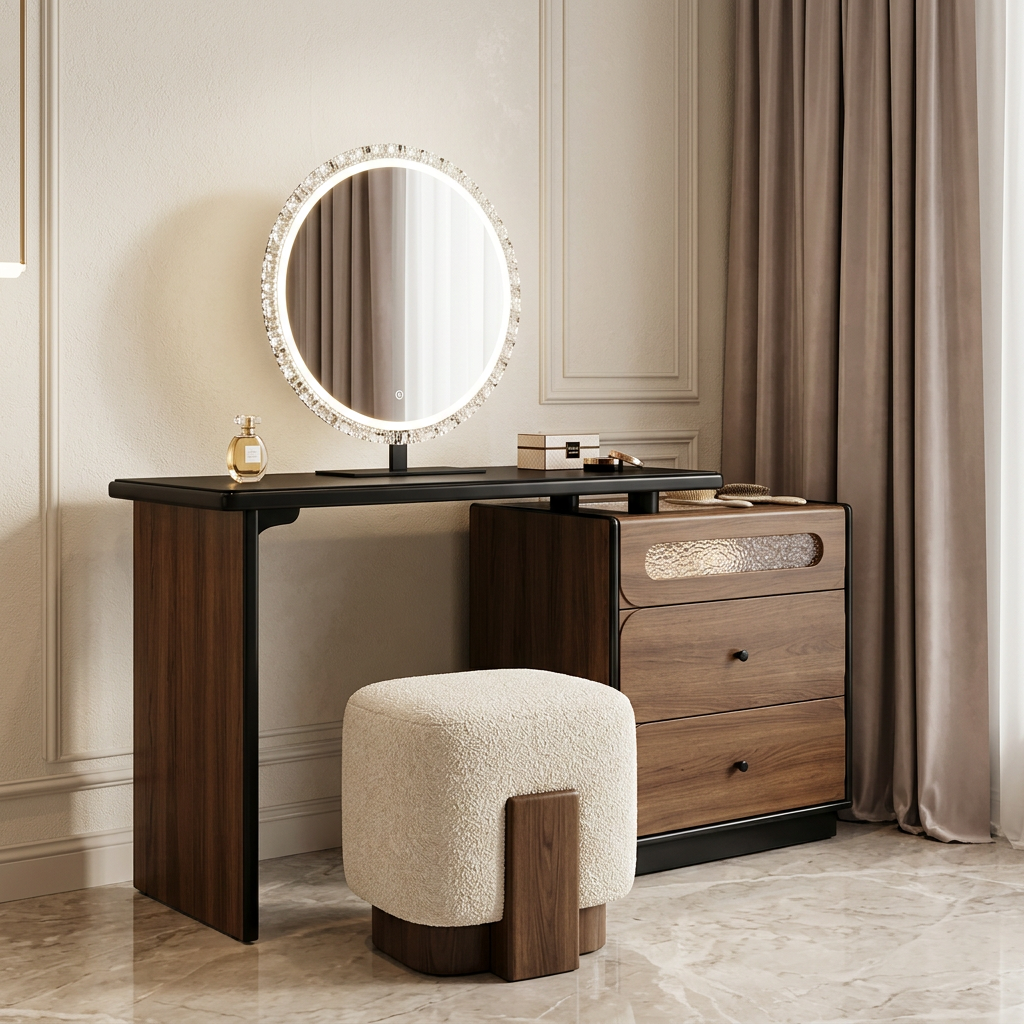 Walnut and Black Dressing Table with Round LED Mirror and Glass Inlay