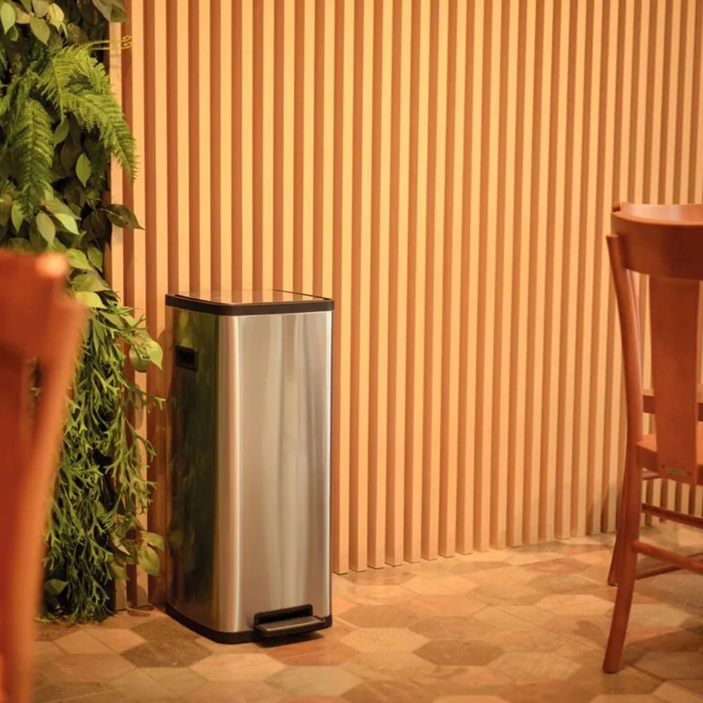 Gemelli Collections stainless steel Octos 20 litre step bin with foot pedal and removable inner bucket in Scotch Brite finish.