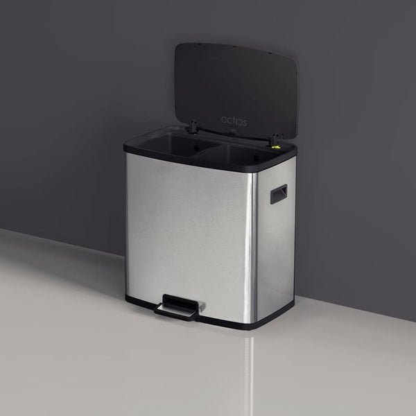 Tramontina Stainless Steel Octos Step Bin 15+15L with dual compartments, foot pedal operation, and Scotch Brite finish.