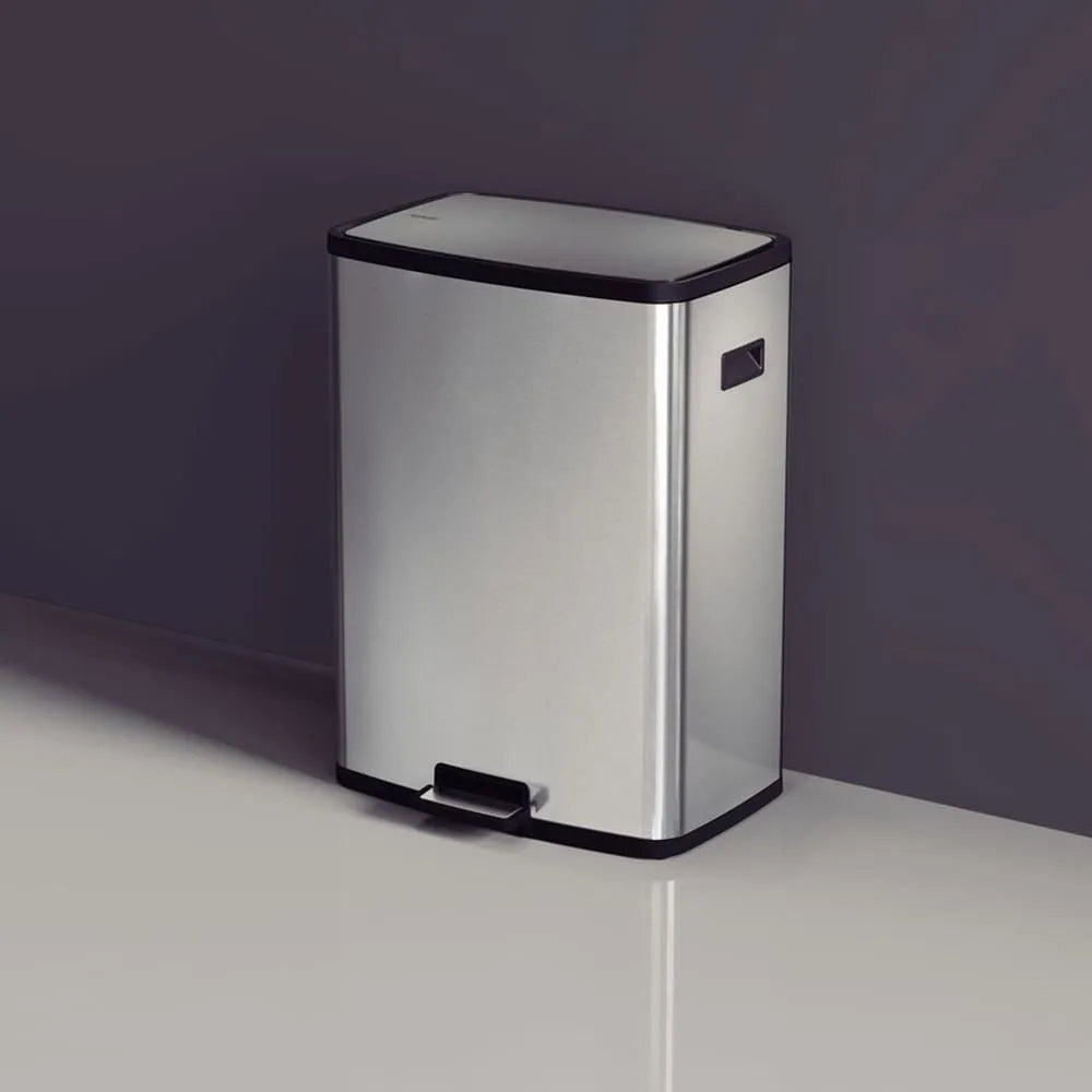 Gemelli Collections stainless steel Octos 45 litre step bin with foot pedal and removable inner bucket in Scotch Brite finish.