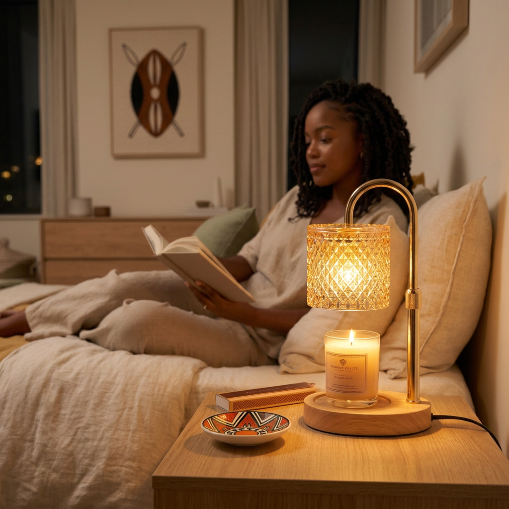 Adjustable amber crystal glass candle warmer lamp with golden metal arm, wooden base, dimmer and timer, 25–35cm high, available in Nairobi, Kenya