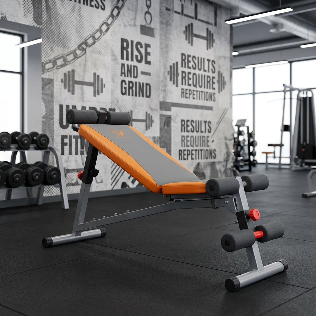 Orange, grey and black adjustable foldable sit-up bench with cushion and padded leg supports, available in Nairobi, Kenya