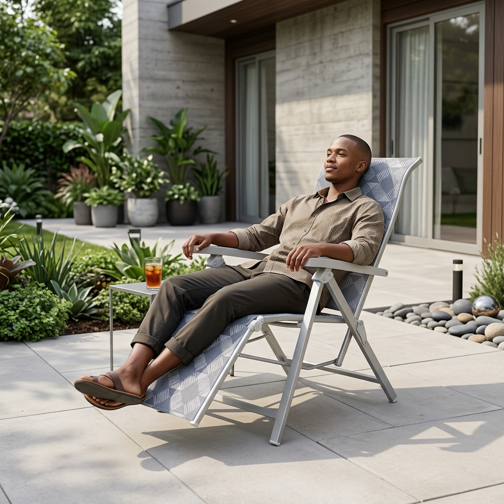 Adjustable folding outdoor patio and camping chair with integrated footrest, high backrest, padded headrest, wide armrests and durable metal frame, available in Nairobi, Kenya