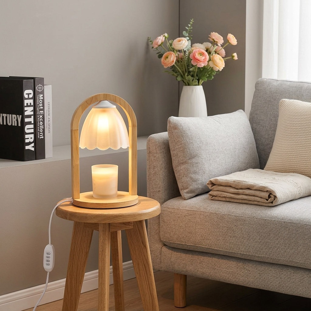 Arched wooden candle warmer lamp with frosted wavy bell-shaped glass shade and dimmer, 29–30cm high, available in Nairobi, Kenya
