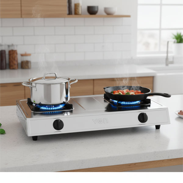 2 burner gas table top cooker stainless steel dual swirl burners enamel coated pan support auto ignition compact kitchen gas stove appliance