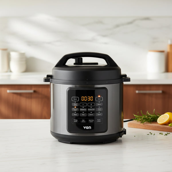 6l stainless steel electric pressure cooker 1000w multi function kitchen appliance 8 preset cooking programs black inox 90 minute timer family size cooker