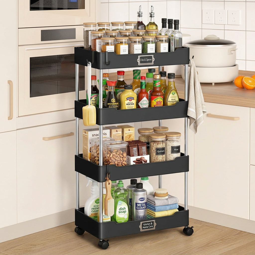 Black four-tier multipurpose storage rack with wheels for vegetables and bathroom accessories, available in Nairobi, Kenya