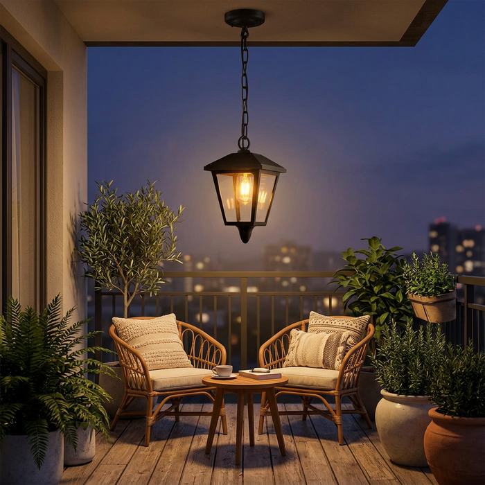 Black outdoor hanging lantern light, hexagonal glass and metal frame, E27 base, 40W maximum, available in Nairobi, Kenya