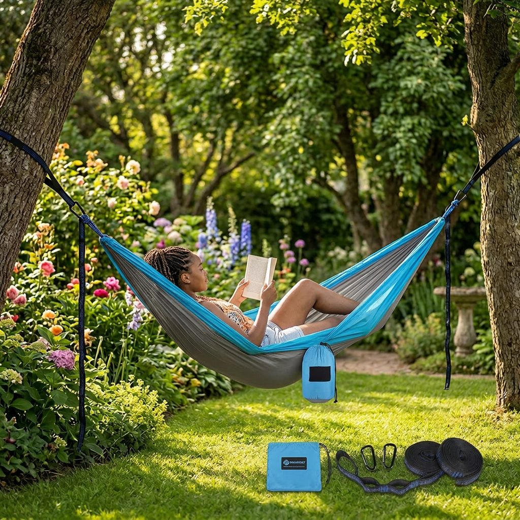 Blue and grey 210T nylon outdoor camping parachute hammock with storage pouch, two metal carabiners and two tree straps, available in Nairobi, Kenya