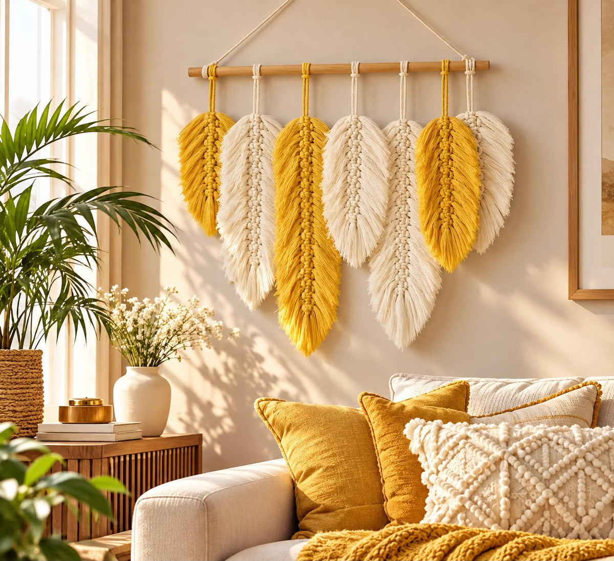 Boho Tassel Wall Hanging with Wooden Bead Accents, Coral Pink, Mustard Yellow and Cream - available in Nairobi, Kenya