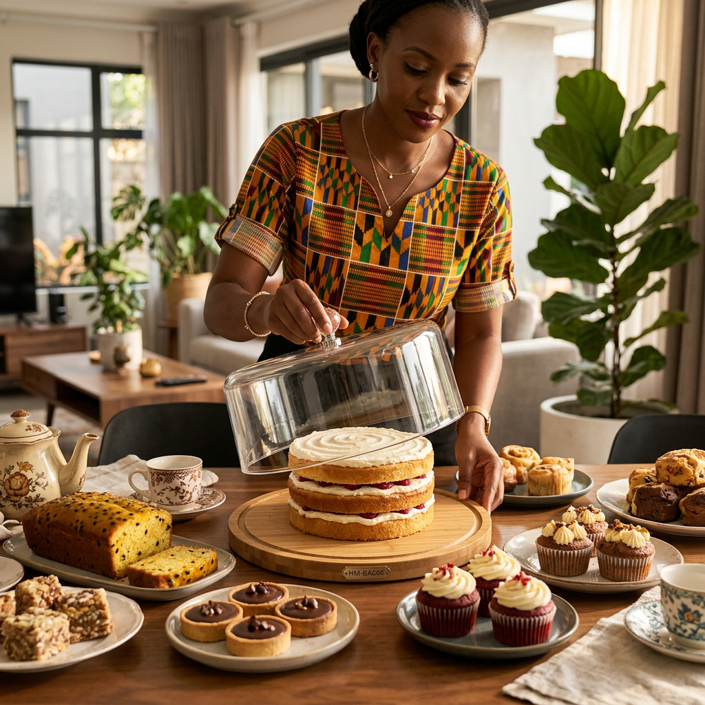 Bon Appetit round bamboo base cake server with transparent flat-top glass cover, 26cm, Model HM-BA668, available in Nairobi, Kenya
