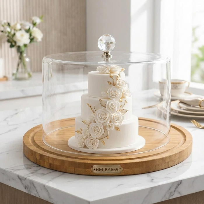 Bon Appetit round bamboo base cake server with transparent flat-top glass cover, 30cm, Model HM-BA669, available in Nairobi, Kenya