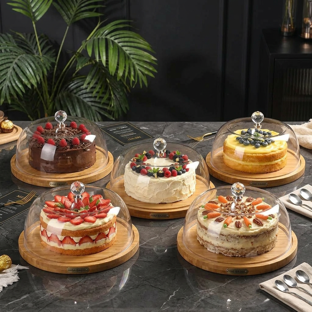 Bon Appetit round bamboo base cake server with transparent glass dome cover, 26cm, Model HM-BA666, available in Nairobi, Kenya