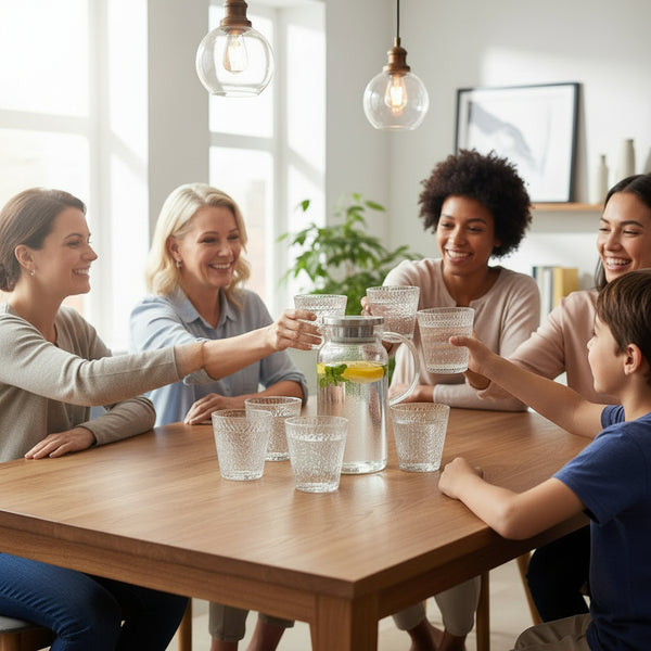 1.4L borosilicate glass infuser jug with stainless steel lid and built-in filter, accompanied by four textured 290ml glasses, for hot and cold beverages.
