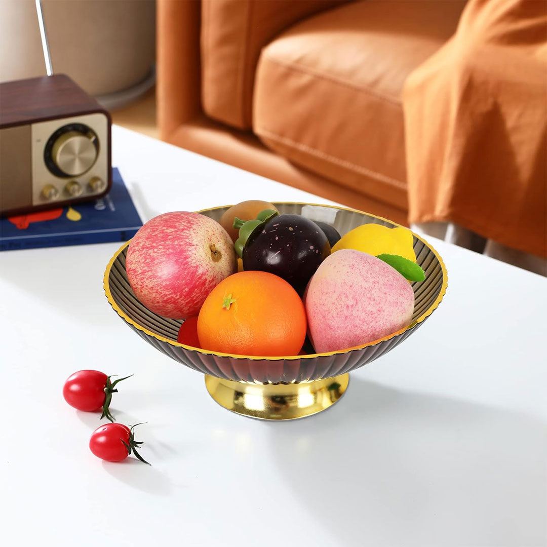 ribbed fruit bowl with gold drain base, 25 cm diameter and 10 cm depth, dual-layer design