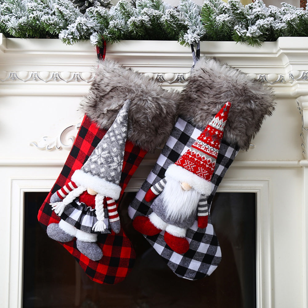 Buffalo plaid Christmas stocking with 3D Gnome Santa decoration and faux fur cuff, available in Nairobi, Kenya