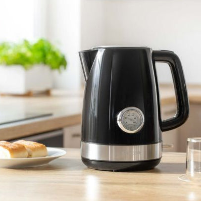 Black SENCOR 1.7L electric kettle with thermometer gauge