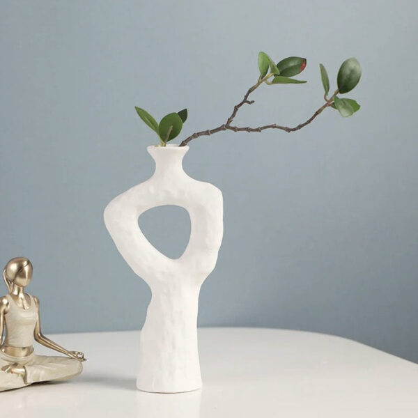 Abstract ceramic vase, 20.4cm tall with 10cm length, textured elongated body with central cutout, ideal for long stems, dried flowers, or standalone modern décor, Gemelli Collection