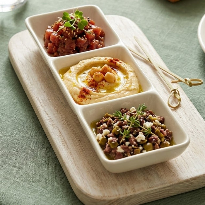Ceramic three-compartment sauce serving bowl for sauces, dips and condiments, available in Nairobi, Kenya