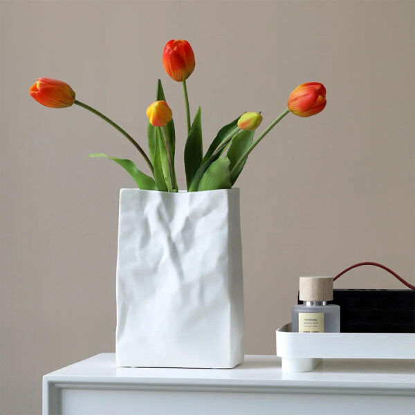 White Ceramic Vase with Crumpled Bag Finish