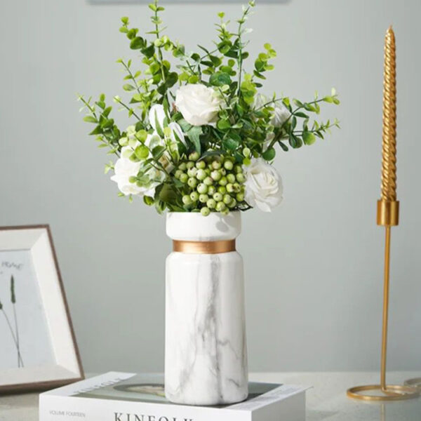21cm marble-effect ceramic vase with gold band, ideal for flowers or as standalone decor.
