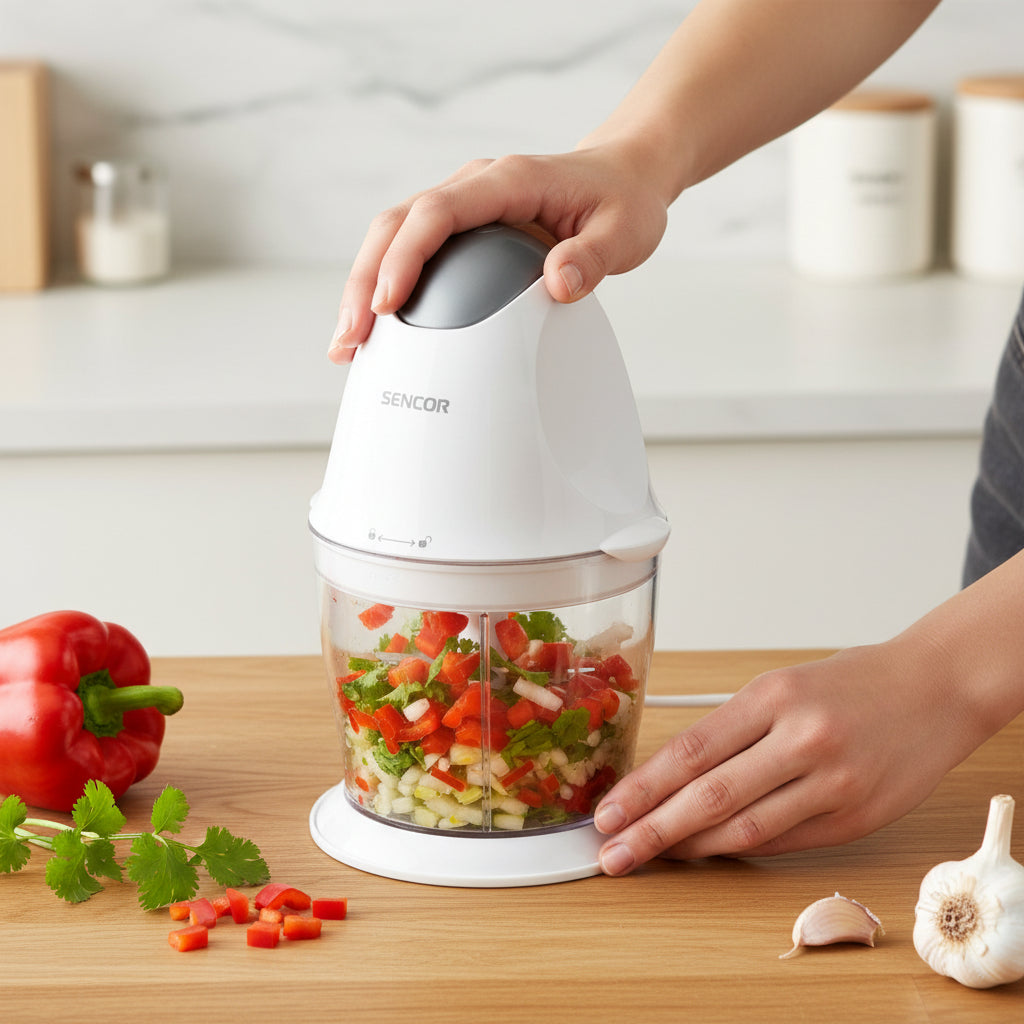 Sencor SHB4310 compact food chopper with plastic container.