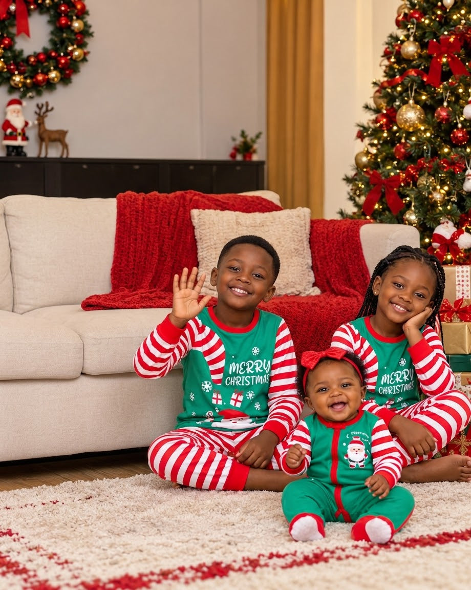 Christmas pyjama set with matching top and trousers for adults and kids, 100% cotton, available in Nairobi, Kenya
