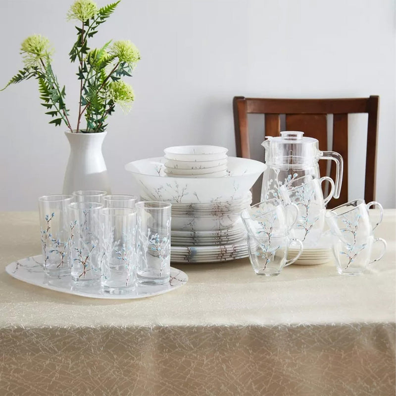 Luminarc Neo Carina Hana White 46-piece glass dinner set with plates, bowls, cups, saucers, tumblers, oval plate, salad bowl, and Tivoli jugs.