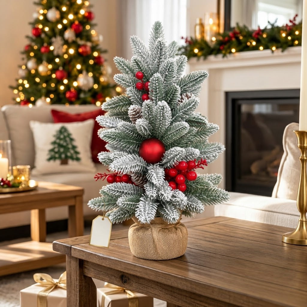 Decorated snow-dusted mini Christmas tree with red and gold ornaments and rustic wooden base, available in Nairobi, Kenya
