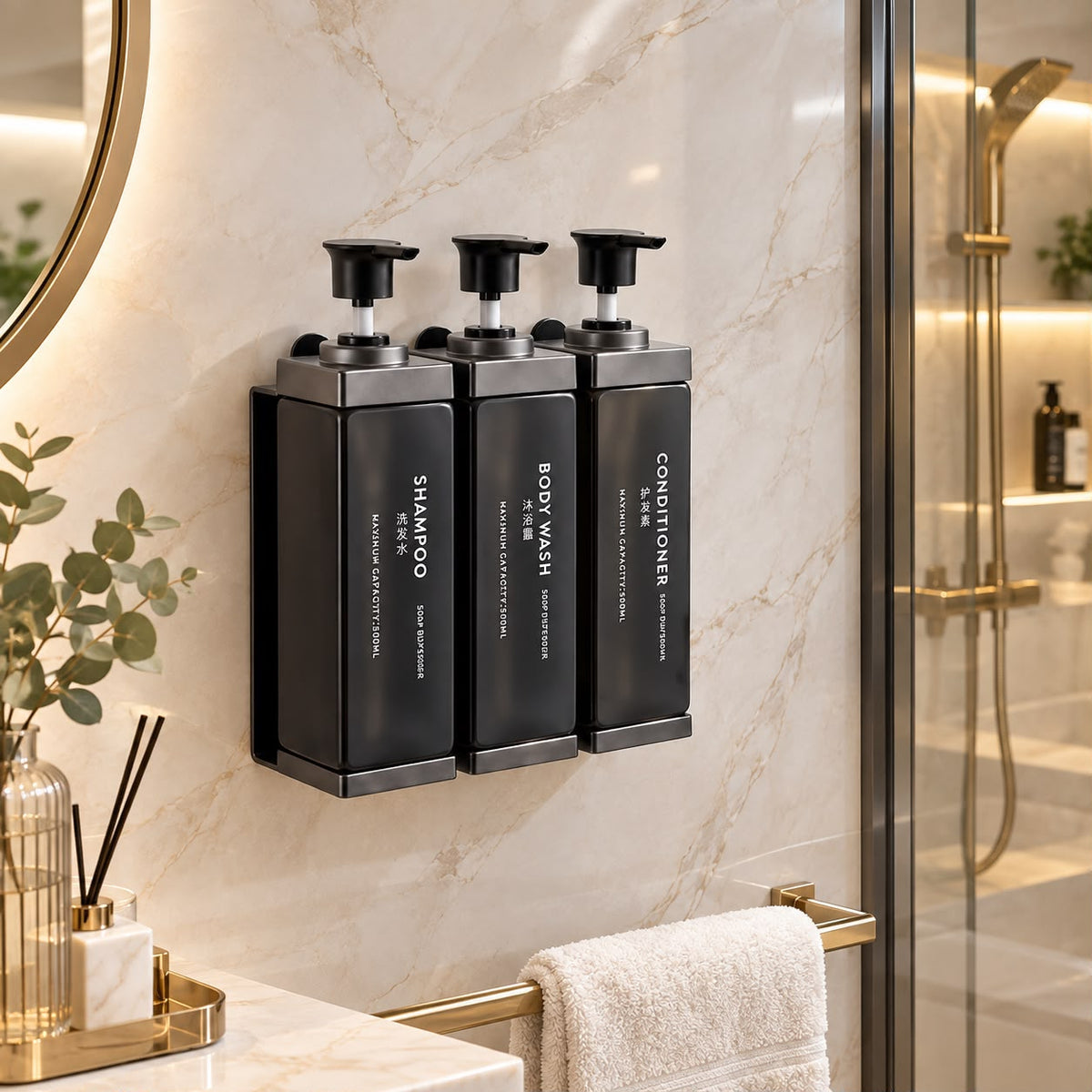 Gemelli Collections SS wall-mounted black soap, shampoo and gel dispenser with double or triple 500ml compartments for bathroom use.