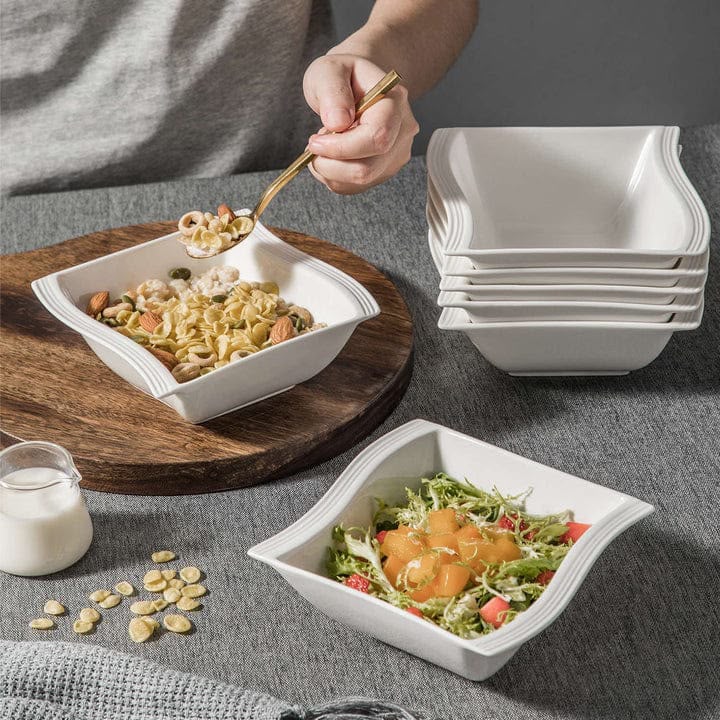 Gemelli Collections set of 6 fancy shapely ceramic bowls with lined design, 6-inch size and 400ml capacity for serving cereal, soup, salads and desserts.