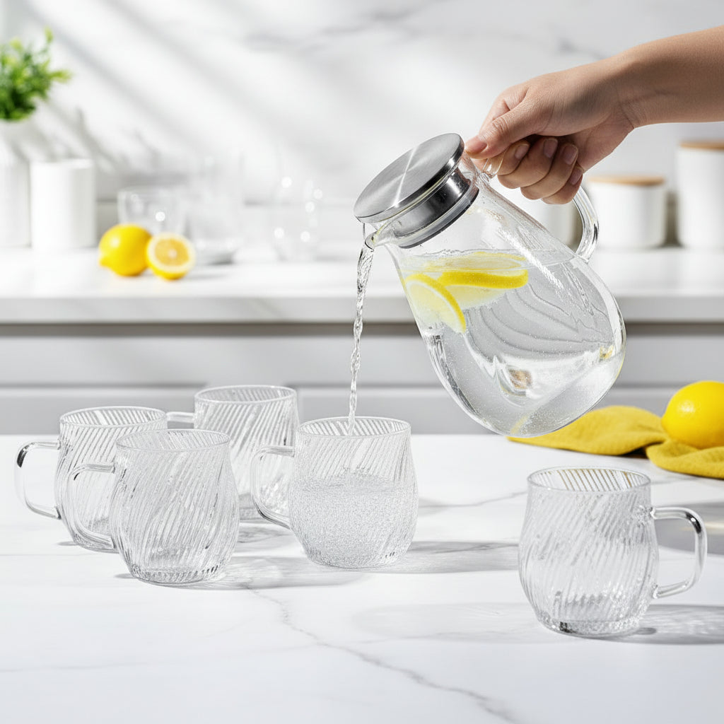 7-piece borosilicate glass jug set with 1650ml jug and 6 matching glasses, swirled ripple design, elegant and durable.